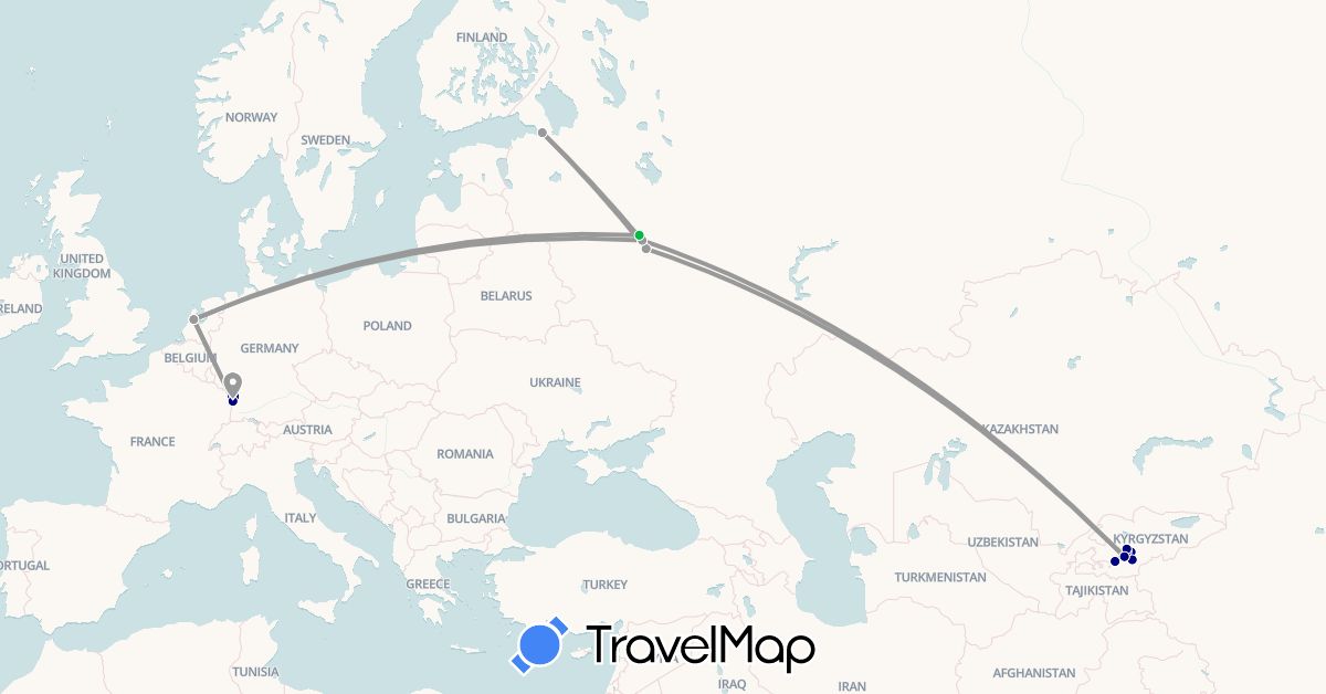 TravelMap itinerary: driving, bus, plane in France, Kyrgyzstan, Netherlands, Russia, Uzbekistan (Asia, Europe)